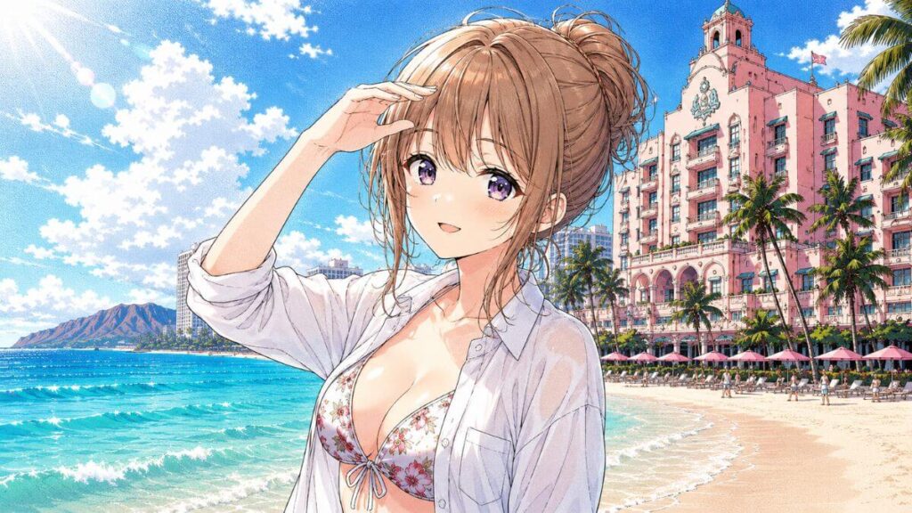 水着の上から白いシャツを羽織った栗栖くるみがワイキキビーチで海を眺めるハワイ旅行イラスト