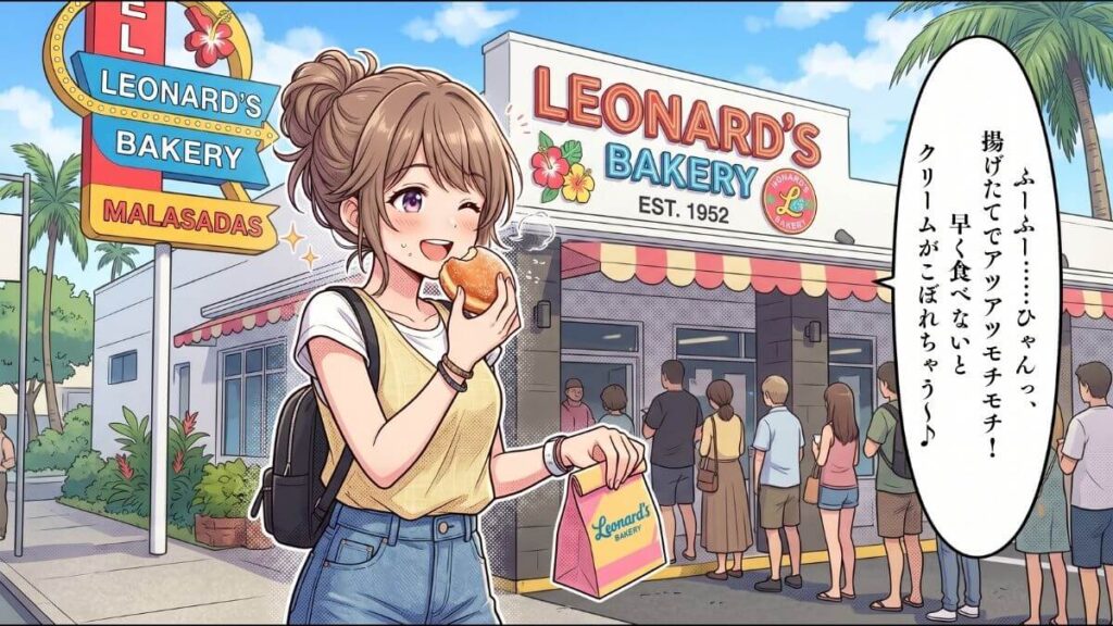 ハワイの人気店「レナーズ・ベーカリー」の前で、揚げたてのアツアツなマラサダ(ドーナツ)を美味しそうに頬張るくるみ