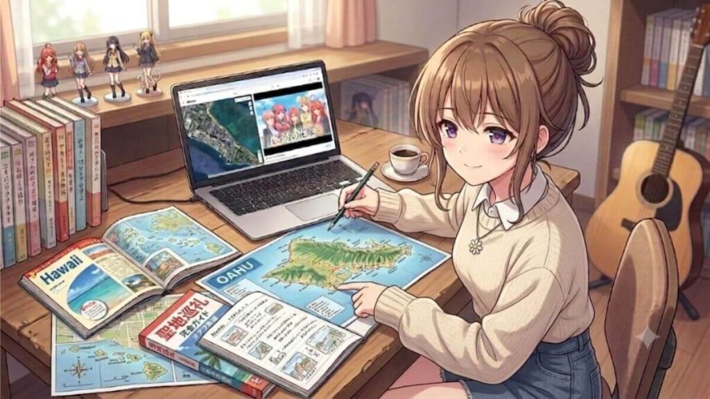ノートパソコンやオアフ島の地図、聖地巡礼のガイド本を広げて、おっとりした穏やかな表情でハワイの観光地を調べている栗栖くるみ