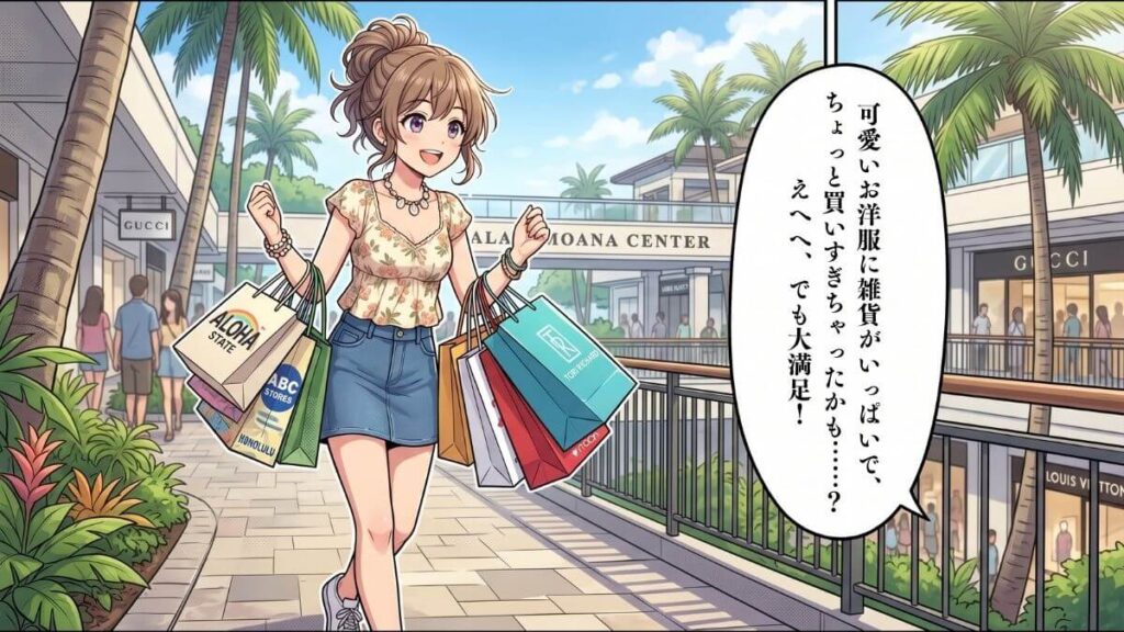 ハワイの「アラモアナセンター」で、たくさんのショッピングバッグを両手に抱えて楽しそうに歩くカジュアルな私服姿のくるみ