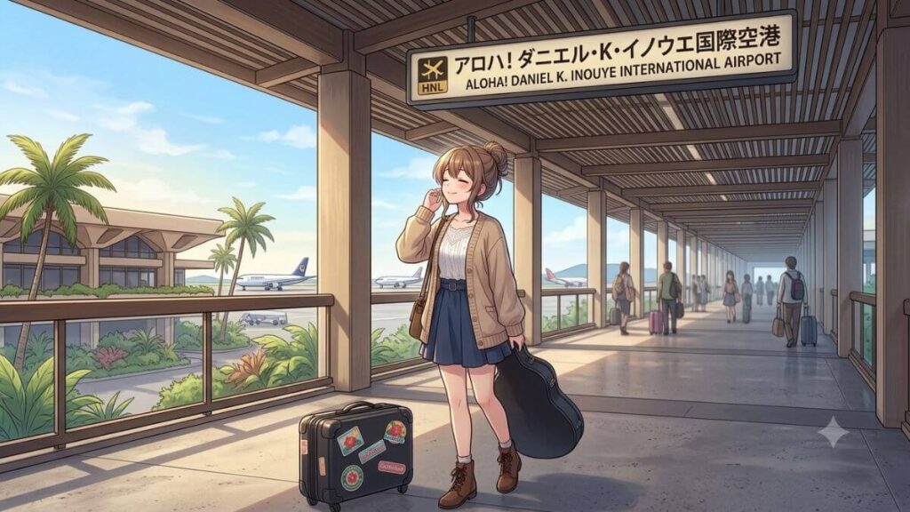 ダニエル・K・イノウエ国際空港（ホノルル空港）の開放的な半屋外の通路で、大きなスーツケースを引き、おっとりと目を細めて南国の風を感じながら歩く私服姿の栗栖くるみ