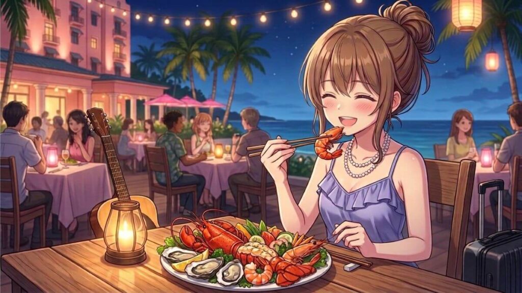 ライトアップされた夜のオープンエアレストランで、豪華なシーフードプラッターを前に、お箸で大きなエビを嬉しそうにもぐもぐと食べるサマードレス姿の栗栖くるみ