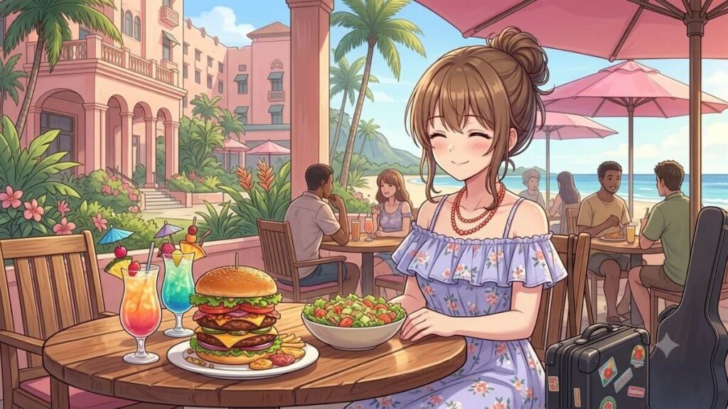 緑豊かなテラス席のリゾートレストランで、大きなハンバーガーやトロピカルドリンクを前に、嬉しそうにおっとりとはにかむ私服姿（オフショルダーワンピース）の栗栖くるみ