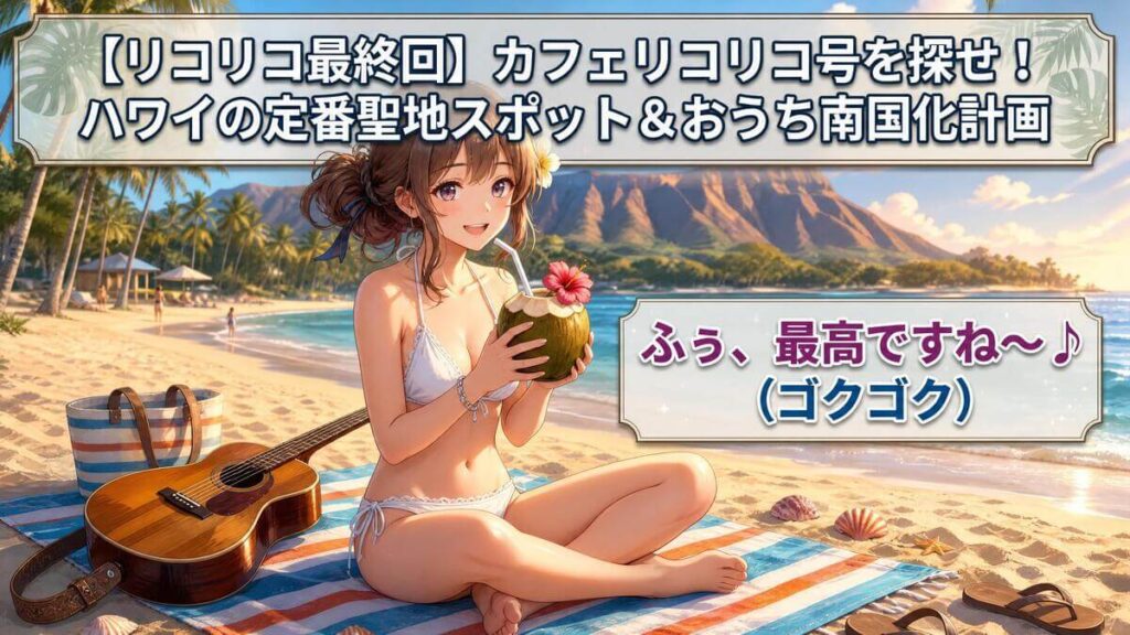 【リコリコ最終回】カフェリコリコ号を探せ!ハワイの定番聖地スポット&おうち南国化計画。ハワイのビーチで水着姿でココナッツジュースを飲むくるみのイラストアイキャッチ画像。