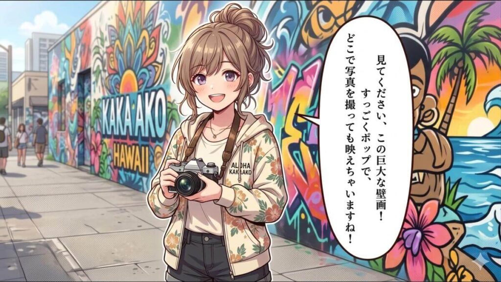 ハワイ・カカアコのカラフルでポップな巨大壁画(ウォールアート)の前で、一眼レフカメラを手に持って笑顔を見せるパーカー姿のくるみ