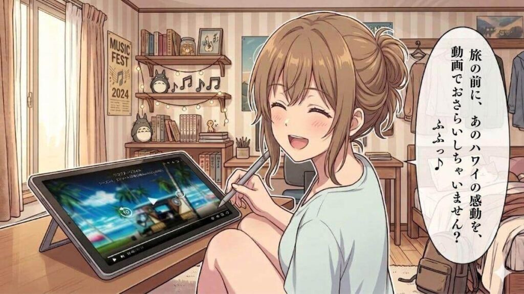 自室でタブレットを操作しながら、ハワイの海が映るアニメ動画を観て楽しそうに大笑いするくるみ