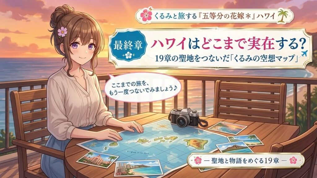 ハワイのラナイのテーブルで地図を広げて考察している栗栖くるみのアイキャッチ画像