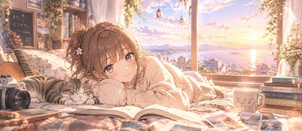 夕暮れの窓辺で猫と過ごしながら穏やかに微笑む栗栖くるみ