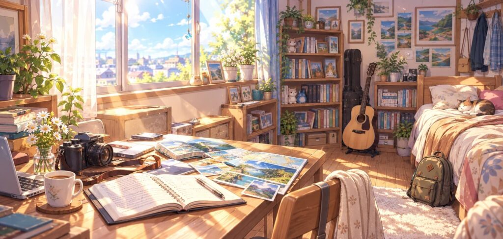 栗栖くるみの部屋に朝の光が差し込む、旅と音楽を感じる穏やかな風景