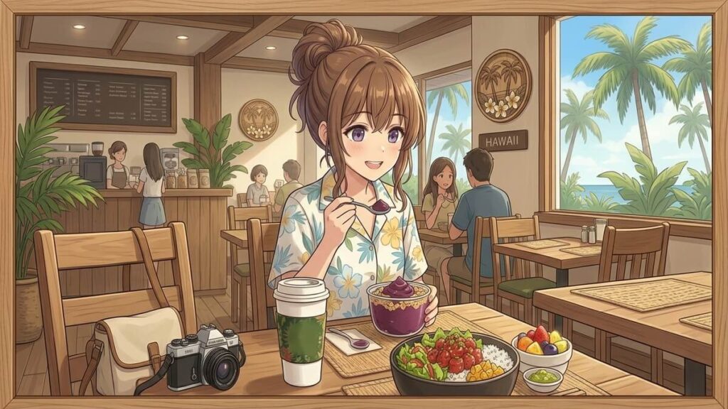 ハワイのレストランでコーヒーと野菜とフルーツがメインのランチを楽しむ栗栖くるみ