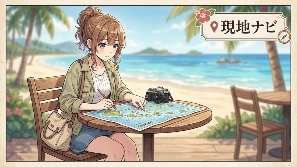 ハワイの地図を広げて旅先を確認する栗栖くるみ