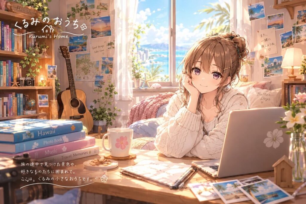 窓辺でお茶を飲みながら、旅の写真や本に囲まれて過ごす栗栖くるみの小さなおうち