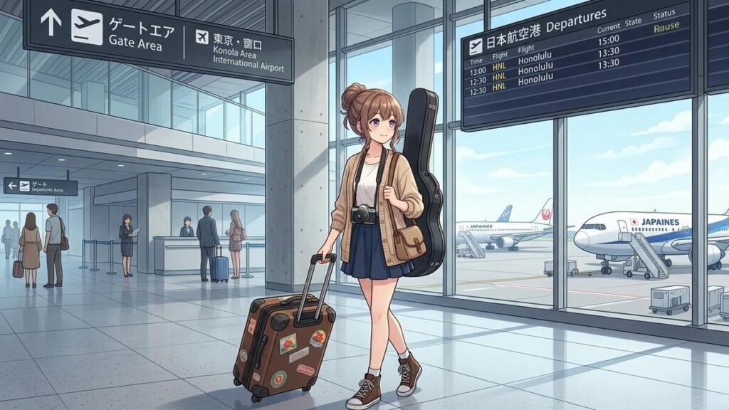 日本の空港の出発ロビーで、トランクとギターケースを手に出発案内板の前をワクワクした表情で歩く栗栖くるみの挿絵イラスト