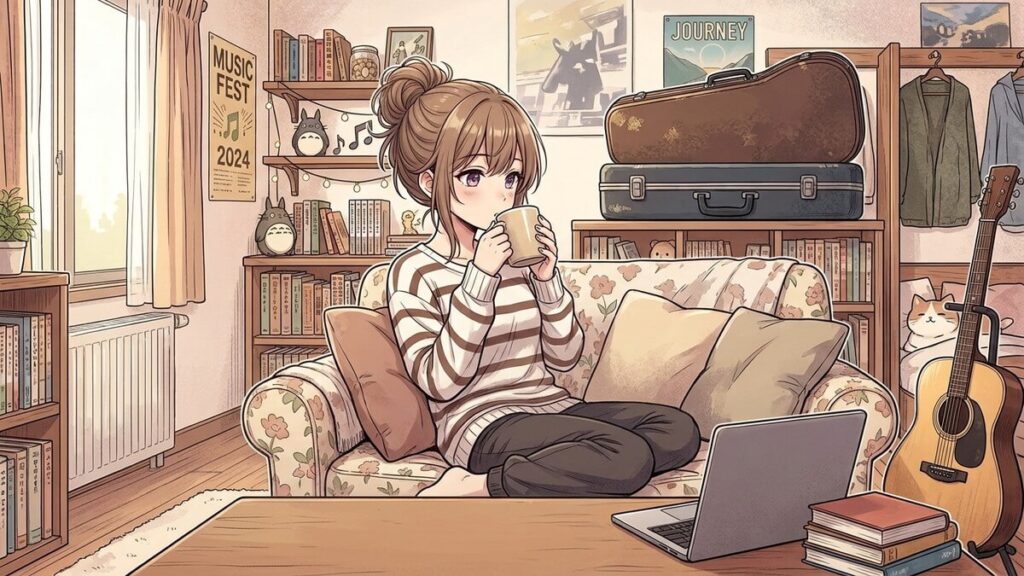 自室のソファでゆったりとコーヒーを飲む栗栖くるみのイラスト