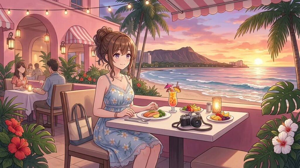 夕暮れ時のダイヤモンドヘッドと海を望むオープンエアテラスで、テーブルにカメラを置きながらディナーを楽しむサマードレス姿の栗栖くるみの挿絵イラスト