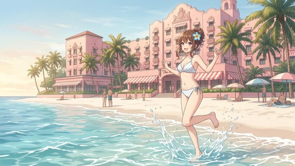 ピンク色のロイヤルハワイアンホテルを背景に、波打ち際で楽しそうにはしゃぐ水着姿の栗栖くるみの挿絵イラスト