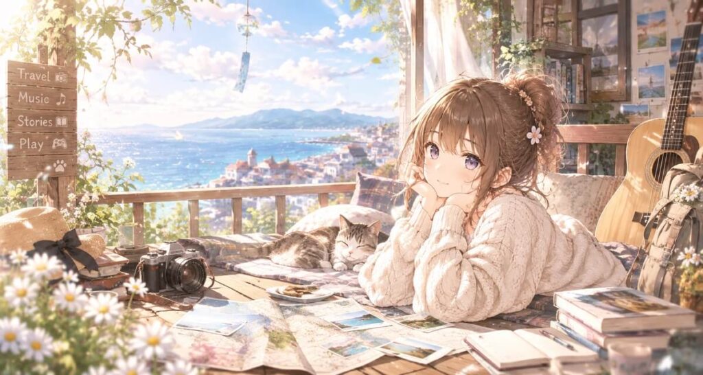 海を望むテラスで猫と過ごしながら旅の地図や写真を眺める栗栖くるみ