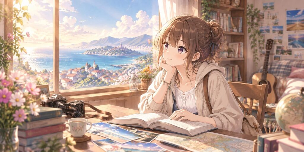 栗栖くるみが本や写真、地図を眺めながら窓の外の景色を想像している